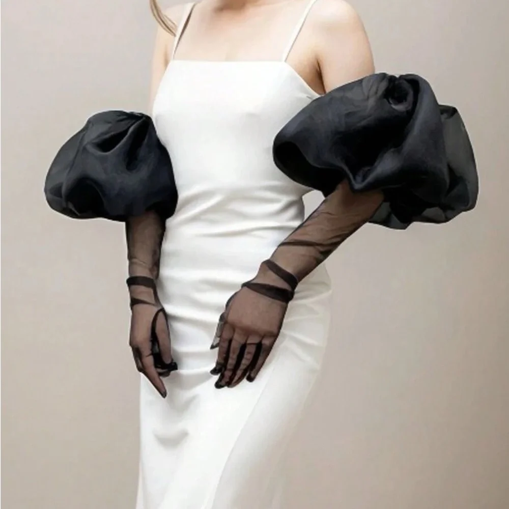 White Bridal Organza Wrist Gloves with Bow Accent